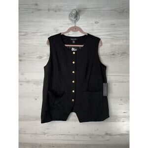 Rachel Zoe Vest Womens 1X Black Gold Button Longline Sleeveless Pockets Plus